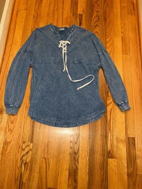 Washed Blue Lace-Up Long Sleeve Tee